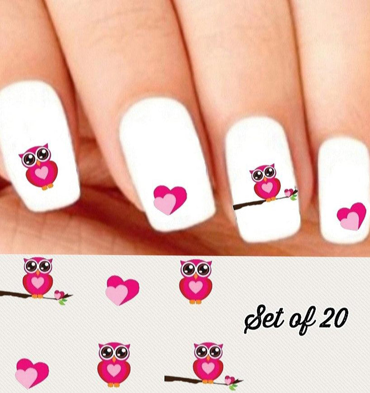 Pink Owl and Hearts Nail Decals Stickers Water Slides Nail Art - Nails Creations
