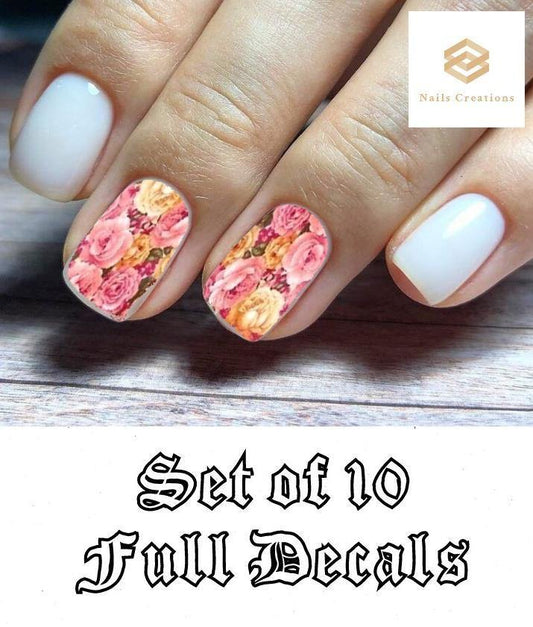 Pink Roses Set Full Nail Decals Stickers Water Slides Nail Art - Nails Creations