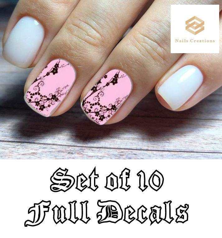 Pink with Black Flowers Full Nail Decals Stickers Water Slides Nail Art - Nails Creations