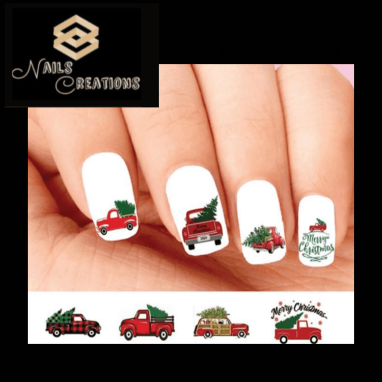 Red Merry Christmas Tree Truck Assorted Set of 20 Waterslide Nail Decals - Nails Creations