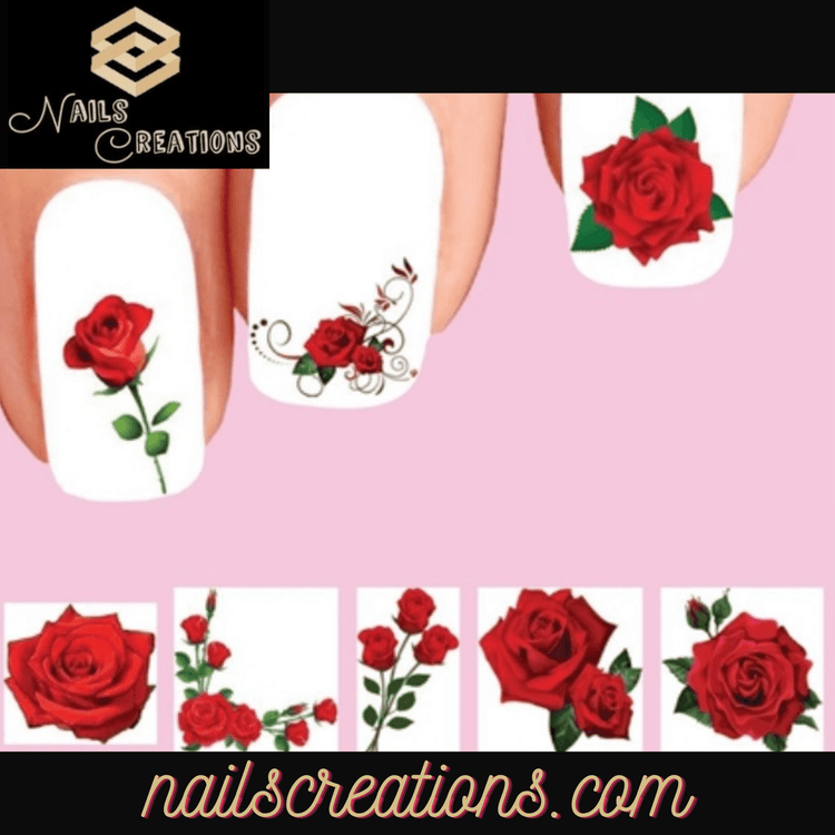 Red Roses Flower Assorted Set of 48 Waterslide Nail Decals - Nails Creations