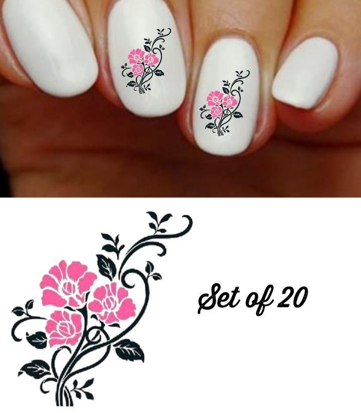 Roses Pink & Black with Vines Nail Decals Stickers Water Slides Nail Art - Nails Creations