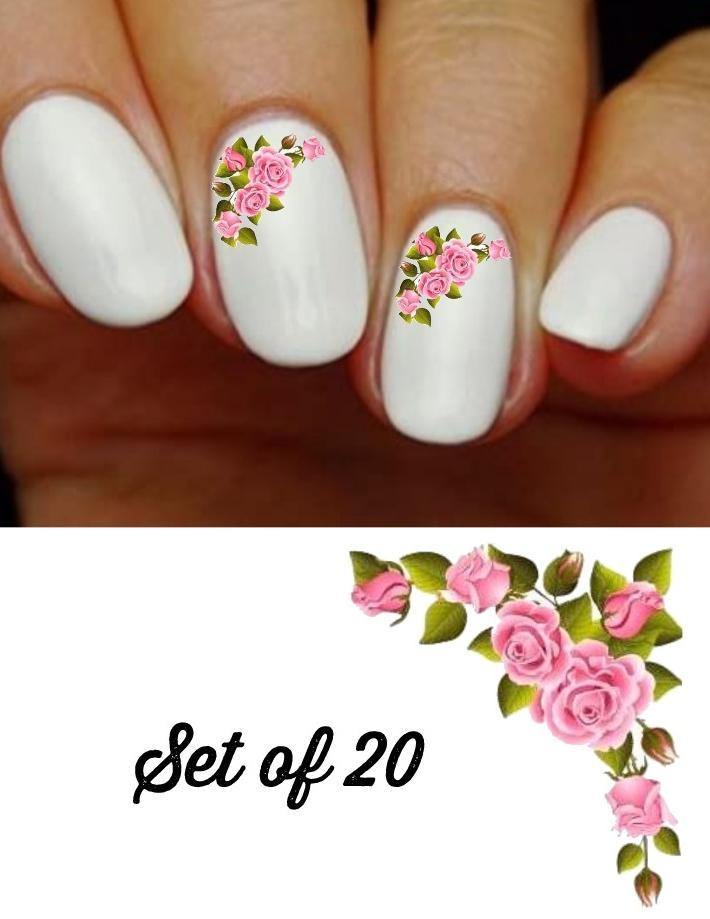 Roses Pink Corner Flowers Nail Decals Stickers Water Slides Nail Art - Nails Creations