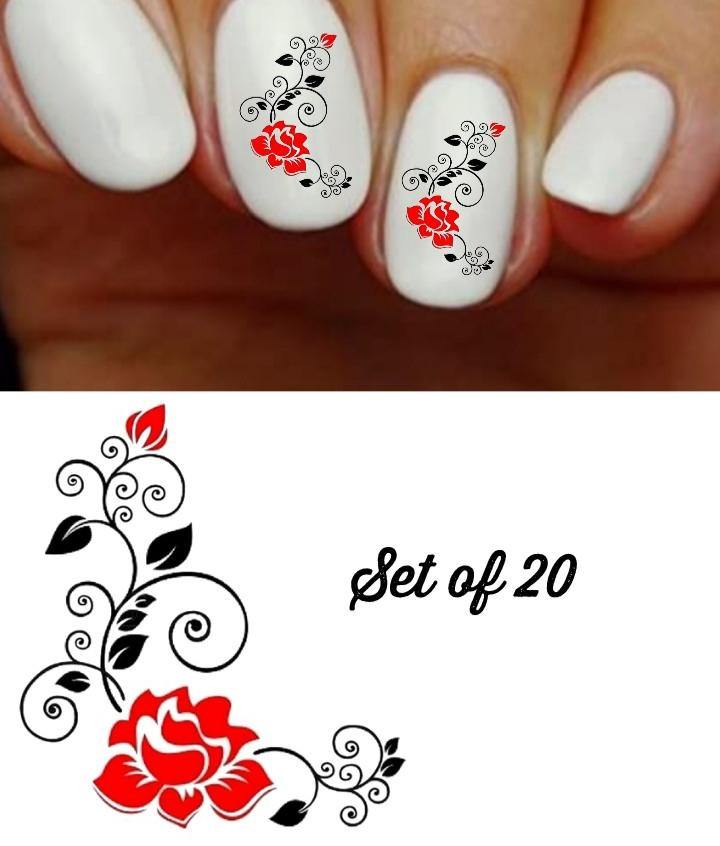 Roses Red & Black with Swirls Nail Decals Stickers Water Slides Nail Art - Nails Creations