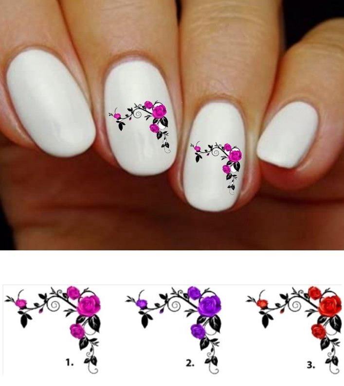 Roses with Corner Vines Flowers Nail Decals Stickers Water Slides Nail Art - Nails Creations