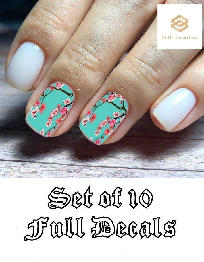 Set Teal Cherry Blossoms Assorted Full Nail Decals Stickers Water Slides Nail Art - Nails Creations