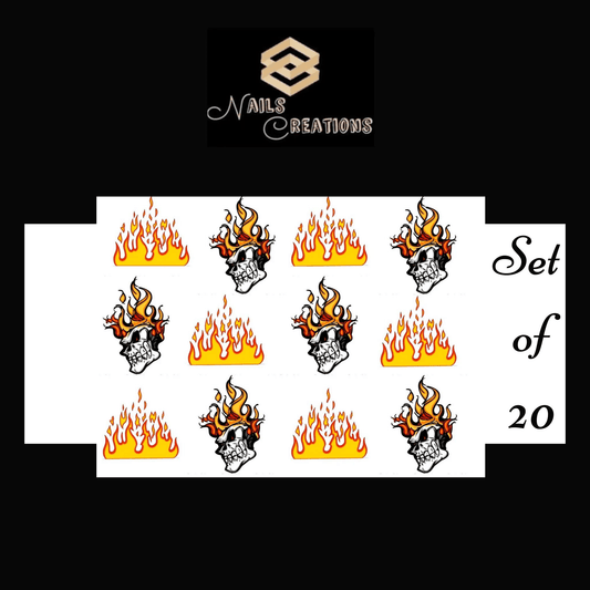 Skull with Flame Waterslides Nail Decals Set of 20 - Nails Creations