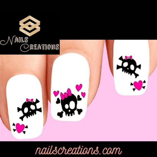 Skull with Pink Heart Assorted Set of 20 Waterslide Nail Decals - Nails Creations