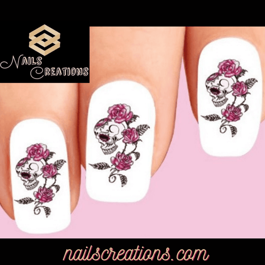 Skull with Pink Roses and Vines Waterslide Nail Decals - Nails Creations