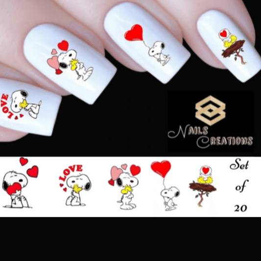 Snoopy Woodstock Valentines Day Hearts Love Assorted Set of 20 Waterslide Nail Decals - Nails Creations