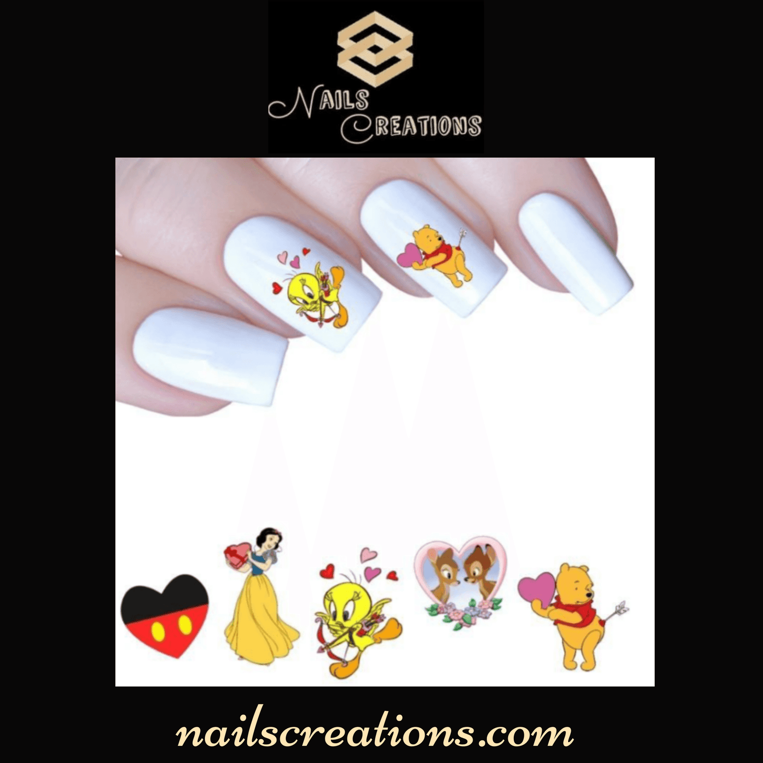 Valentine's Nail Decals Mix Set Bambi, Winnie the Pooh, Mickey, Tweetie Bird and Snow white - Nails Creations