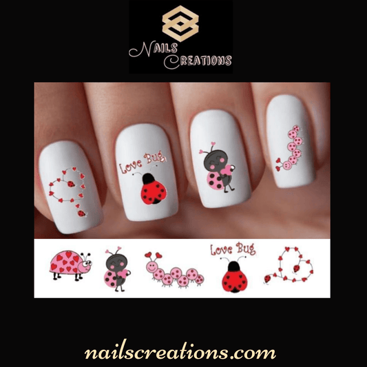 Valentines Day Love Bug Hearts Assorted Set of 20 Waterslide Nail Decals - Nails Creations