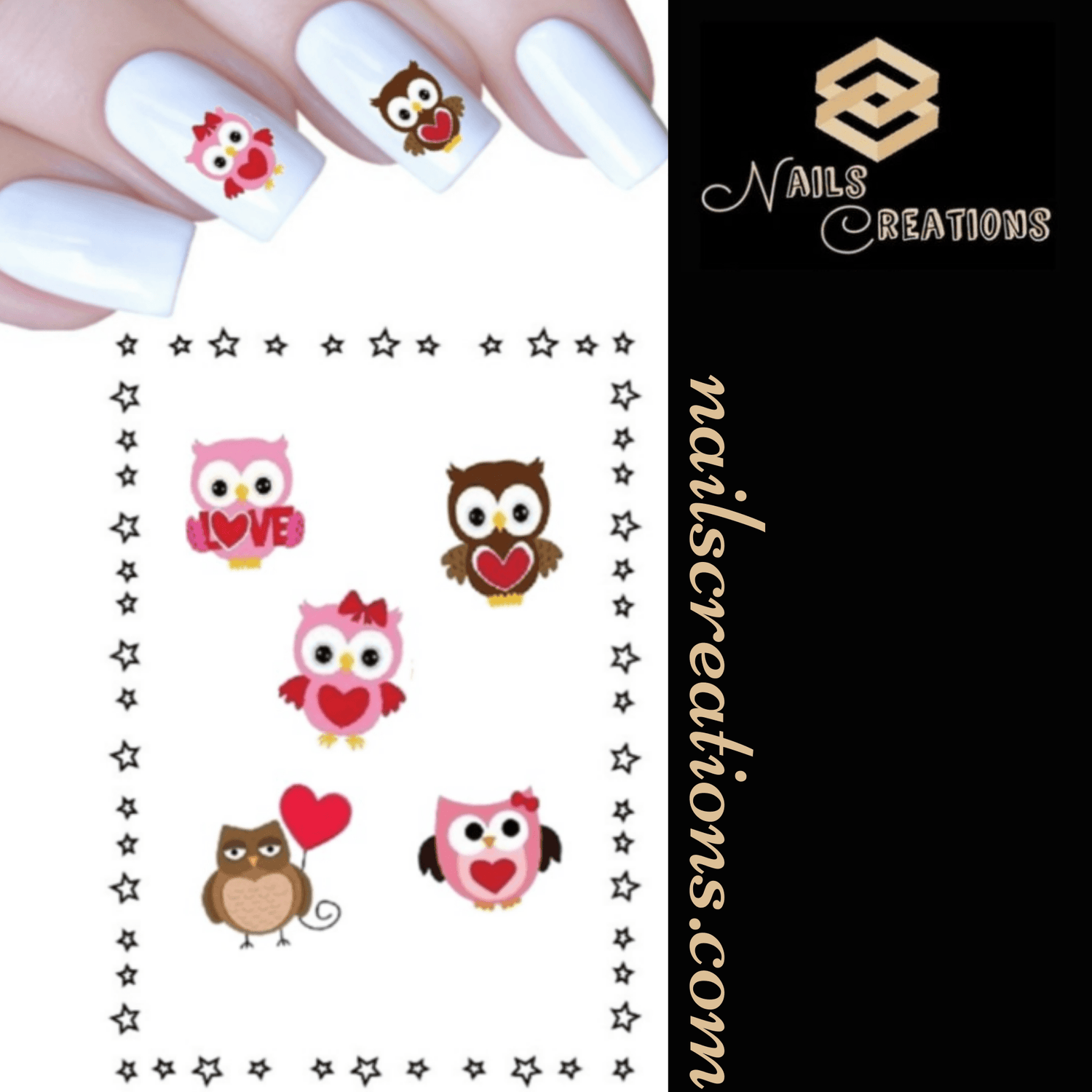 Valentines Day Owls Love & Hearts Assorted Waterslide Nail Decals - Nails Creations