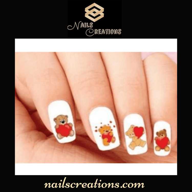 Valentines Teddy Bear with Hearts Assorted Set of 20 Waterslide Nail Decals - Nails Creations
